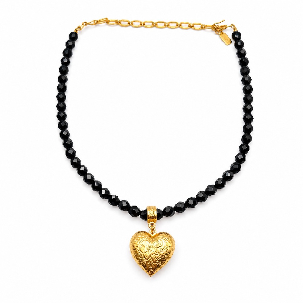 1928 Jewelry Vintage Black Faceted Bead Gold Tone Puffed Heart Necklace 12in